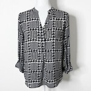 The Limited Women's Herringbone Blouse S Black & White Plaid Roll Tab Sleeve